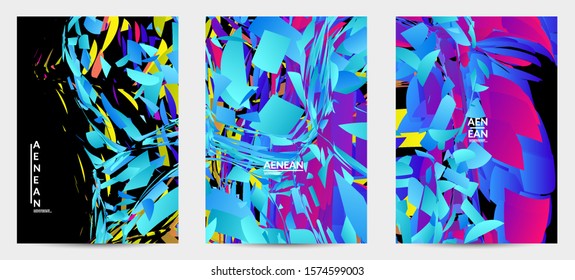 Abstract flyer template with bright colored random small particle explosion. Sport music social media layout. Optical art dynamic background with outer space motion. Futuristic vector.
