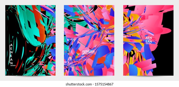 Plantilla de volante Abstractas con explosión de partículas Pequeñas aleatorias de colores brillantes. Diseño de medios sociales de música deportiva. Fondo dinámico de arte óptico con movimiento del espacio exterior. Vector futurista.