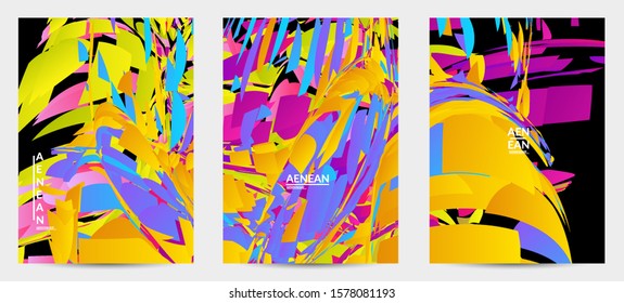 Abstract flyer template with bright colored random small particle explosion. Sport music social media layout. Optical art dynamic background with outer space motion. Futuristic vector.
