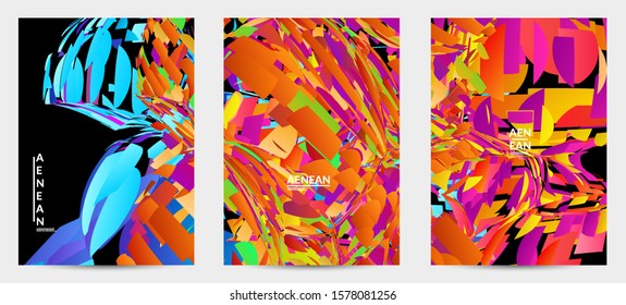 Abstract flyer template with bright colored random small particle explosion. Sport music social media layout. Optical art dynamic background with outer space motion. Futuristic vector.
