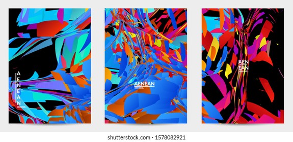 Abstract flyer template with bright colored random small particle explosion. Sport music social media layout. Optical art dynamic background with outer space motion. Futuristic vector.