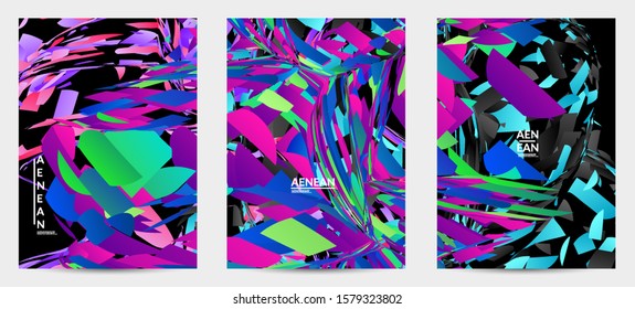 Abstract flyer template with bright colored random small particle explosion. Sport music social media layout. Optical art dynamic background with outer space motion. Futuristic vector.