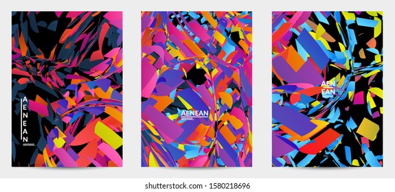 Abstract flyer template with bright colored random small particle explosion. Sport music social media layout. Optical art dynamic background with outer space motion. Futuristic vector.