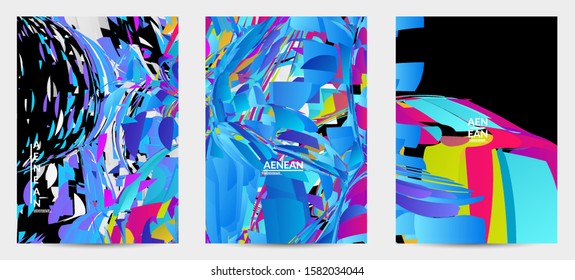 Abstract flyer template with bright colored random small particle explosion. Sport music social media layout. Optical art dynamic background with outer space motion. Futuristic vector.