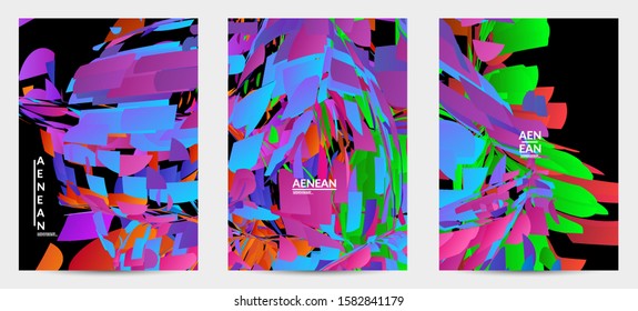 Abstract flyer template with bright colored random small particle explosion. Sport music social media layout. Optical art dynamic background with outer space motion. Futuristic vector.