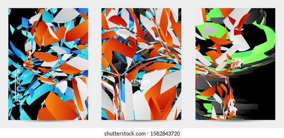 Abstract flyer template with bright colored random small particle explosion. Sport music social media layout. Optical art dynamic background with outer space motion. Futuristic vector.