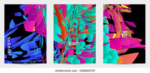 Abstract flyer template with bright colored random small particle explosion. Sport music social media layout. Optical art dynamic background with outer space motion. Futuristic vector.