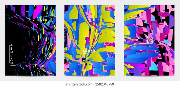 Abstract flyer template with bright colored random small particle explosion. Sport music social media layout. Optical art dynamic background with outer space motion. Futuristic vector.
