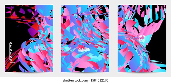 Abstract flyer template with bright colored random small particle explosion. Sport music social media layout. Optical art dynamic background with outer space motion. Futuristic vector.