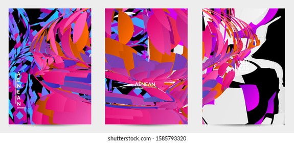 Abstract flyer template with bright colored random small particle explosion. Sport music social media layout. Optical art dynamic background with outer space motion. Futuristic vector.