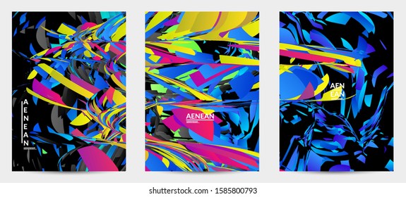 Abstract flyer template with bright colored random small particle explosion. Sport music social media layout. Optical art dynamic background with outer space motion. Futuristic vector.