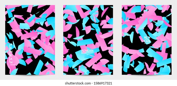 Abstract flyer template with bright colored random stripes. Dynamic modern design with scattered gradient geometric shapes. Simple colorful futuristic elements. Sport music social media layout.
