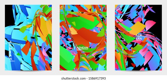 Abstract flyer template with bright colored random small particle explosion. Sport music social media layout. Optical art dynamic background with outer space motion. Futuristic vector.