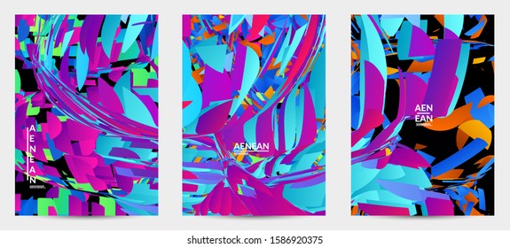 Abstract flyer template with bright colored random small particle explosion. Sport music social media layout. Optical art dynamic background with outer space motion. Futuristic vector.