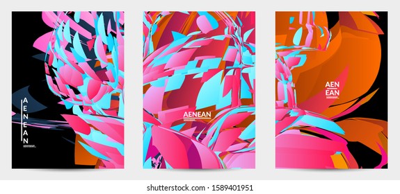 Abstract flyer template with bright colored random small particle explosion. Sport music social media layout. Optical art dynamic background with outer space motion. Futuristic vector.