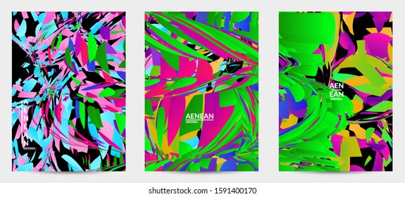 Abstract flyer template with bright colored random small particle explosion. Sport music social media layout. Optical art dynamic background with outer space motion. Futuristic vector.