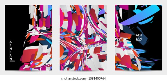 Abstract flyer template with bright colored random small particle explosion. Sport music social media layout. Optical art dynamic background with outer space motion. Futuristic vector.