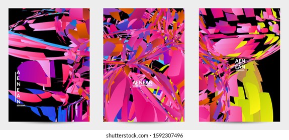 Abstract flyer template with bright colored random small particle explosion. Sport music social media layout. Optical art dynamic background with outer space motion. Futuristic vector.