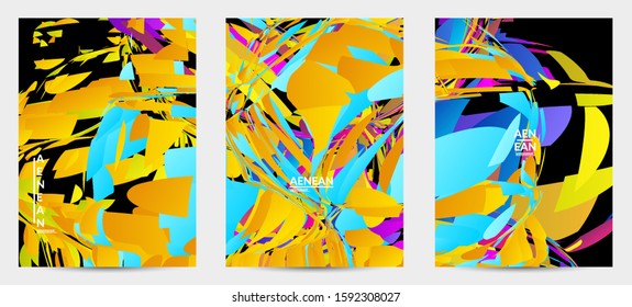 Abstract flyer template with bright colored random small particle explosion. Sport music social media layout. Optical art dynamic background with outer space motion. Futuristic vector.