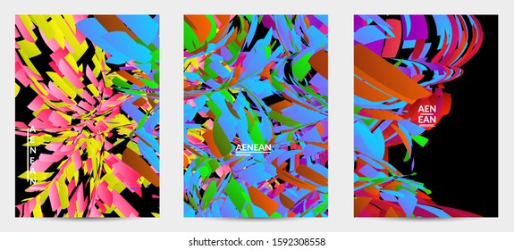 Abstract flyer template with bright colored random small particle explosion. Sport music social media layout. Optical art dynamic background with outer space motion. Futuristic vector.