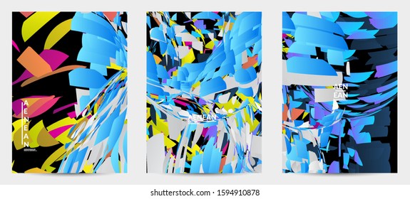 Abstract flyer template with bright colored random small particle explosion. Sport music social media layout. Optical art dynamic background with outer space motion. Futuristic vector.