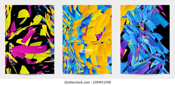Abstract flyer template with bright colored random small particle explosion. Sport music social media layout. Optical art dynamic background with outer space motion. Futuristic vector.