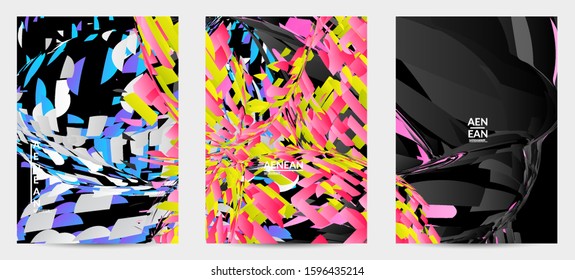 Abstract flyer template with bright colored random small particle explosion. Sport music social media layout. Optical art dynamic background with outer space motion. Futuristic vector.