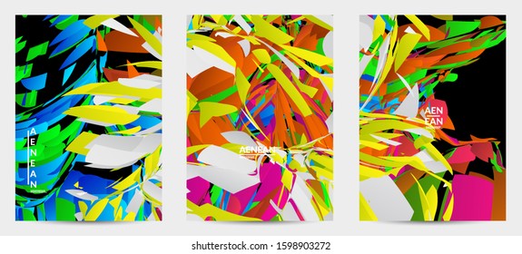 Abstract flyer template with bright colored random small particle explosion. Sport music social media layout. Optical art dynamic background with outer space motion. Futuristic vector.