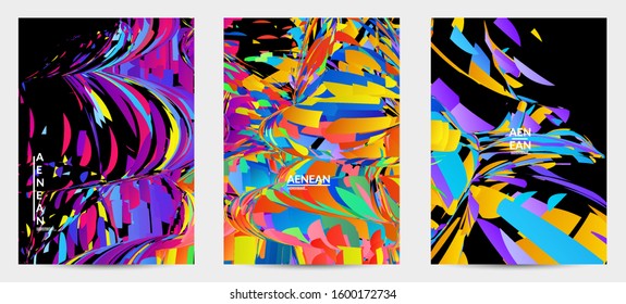 Abstract flyer template with bright colored random small particle explosion. Sport music social media layout. Optical art dynamic background with outer space motion. Futuristic vector.