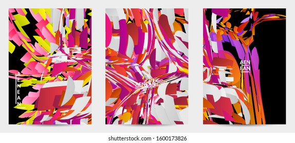 Abstract flyer template with bright colored random small particle explosion. Sport music social media layout. Optical art dynamic background with outer space motion. Futuristic vector.