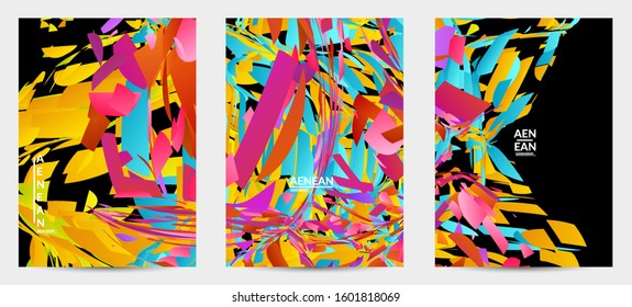 Abstract flyer template with bright colored random small particle explosion. Sport music social media layout. Optical art dynamic background with outer space motion. Futuristic vector.