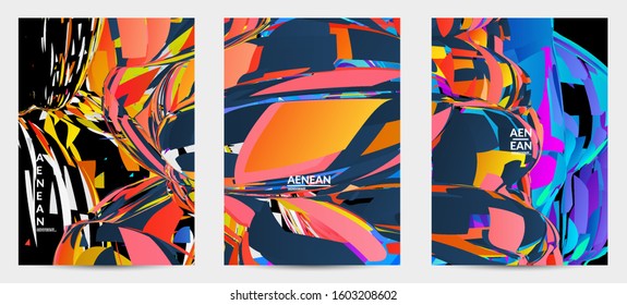 Abstract flyer template with bright colored random small particle explosion. Sport music social media layout. Optical art dynamic background with outer space motion. Futuristic vector.