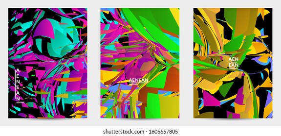 Abstract flyer template with bright colored random small particle explosion. Sport music social media layout. Optical art dynamic background with outer space motion. Futuristic vector.
