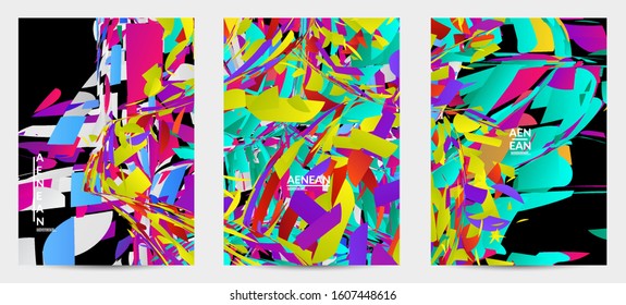 Abstract flyer template with bright colored random small particle explosion. Sport music social media layout. Optical art dynamic background with outer space motion. Futuristic vector.