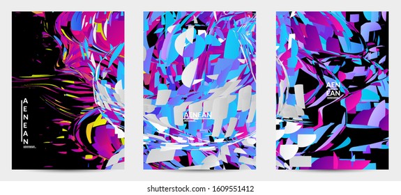 Abstract flyer template with bright colored random small particle explosion. Sport music social media layout. Optical art dynamic background with outer space motion. Futuristic vector.