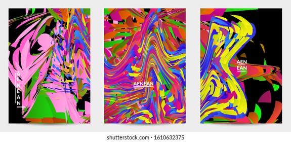 Abstract flyer template with bright colored random small particle explosion. Sport music social media layout. Optical art dynamic background with outer space motion. Futuristic vector.