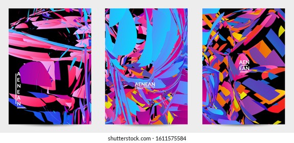 Abstract flyer template with bright colored random small particle explosion. Sport music social media layout. Optical art dynamic background with outer space motion. Futuristic vector.