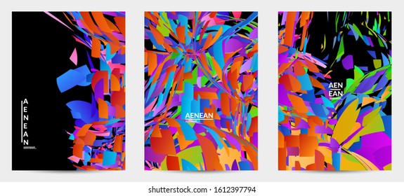 Abstract flyer template with bright colored random small particle explosion. Sport music social media layout. Optical art dynamic background with outer space motion. Futuristic vector.