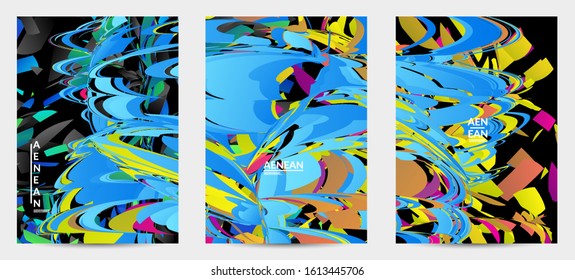 Abstract flyer template with bright colored random small particle explosion. Sport music social media layout. Optical art dynamic background with outer space motion. Futuristic vector.