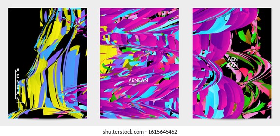 Abstract flyer template with bright colored random small particle explosion. Sport music social media layout. Optical art dynamic background with outer space motion. Futuristic vector.