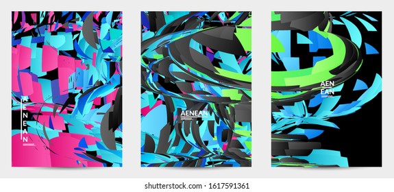 Abstract flyer template with bright colored random small particle explosion. Sport music social media layout. Optical art dynamic background with outer space motion. Futuristic vector.