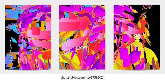 Abstract flyer template with bright colored random small particle explosion. Sport music social media layout. Optical art dynamic background with outer space motion. Futuristic vector.