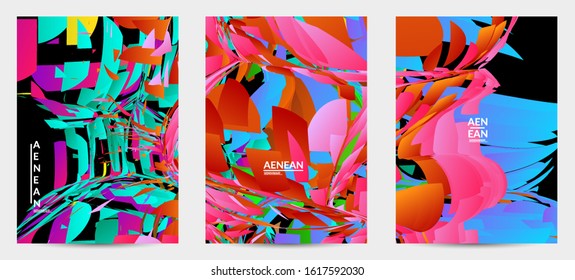 Abstract flyer template with bright colored random small particle explosion. Sport music social media layout. Optical art dynamic background with outer space motion. Futuristic vector.