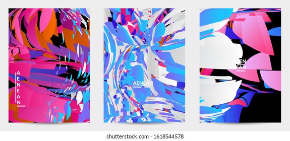 Abstract flyer template with bright colored random small particle explosion. Sport music social media layout. Optical art dynamic background with outer space motion. Futuristic vector.
