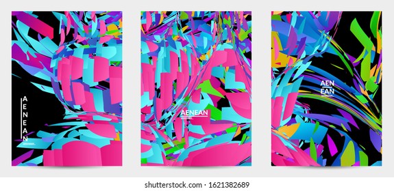 Abstract flyer template with bright colored random small particle explosion. Sport music social media layout. Optical art dynamic background with outer space motion. Futuristic vector.