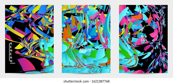 Abstract flyer template with bright colored random small particle explosion. Sport music social media layout. Optical art dynamic background with outer space motion. Futuristic vector.