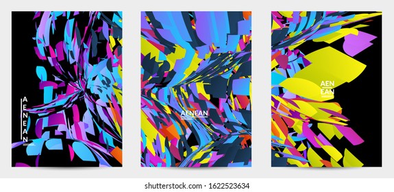 Abstract flyer template with bright colored random small particle explosion. Sport music social media layout. Optical art dynamic background with outer space motion. Futuristic vector.