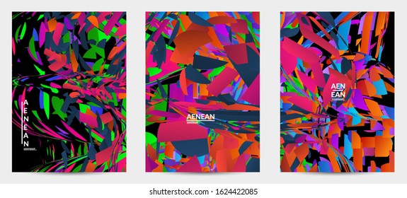 Abstract flyer template with bright colored random small particle explosion. Sport music social media layout. Optical art dynamic background with outer space motion. Futuristic vector.