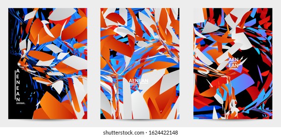 Abstract flyer template with bright colored random small particle explosion. Sport music social media layout. Optical art dynamic background with outer space motion. Futuristic vector.