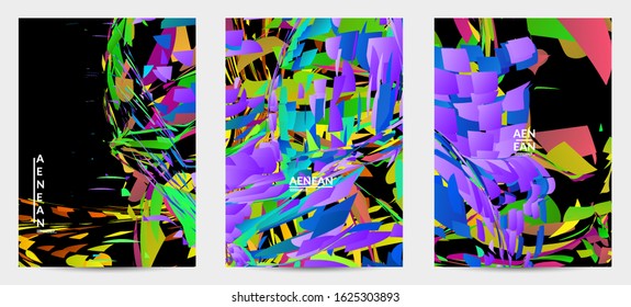 Abstract flyer template with bright colored random small particle explosion. Sport music social media layout. Optical art dynamic background with outer space motion. Futuristic vector.